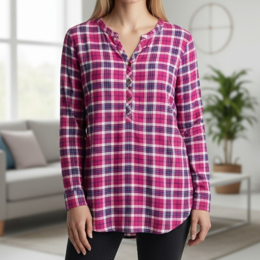 Lands' End Plaid Tunic Shirt Pink Casual Flannel Preppy Long Sleeve Plus 18W